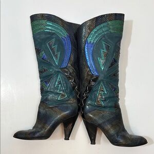 Vintage Tolin Italian Stylish Green and Blue Leather Boots Size 36